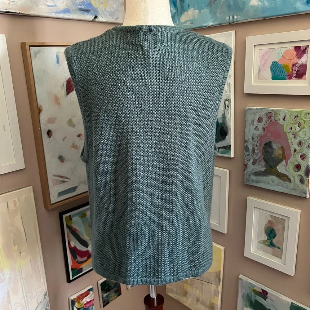 VTG Koret Teal Knit Sweater Vest Embroidered Wool Blend‎ Cottagecore Boho Size S